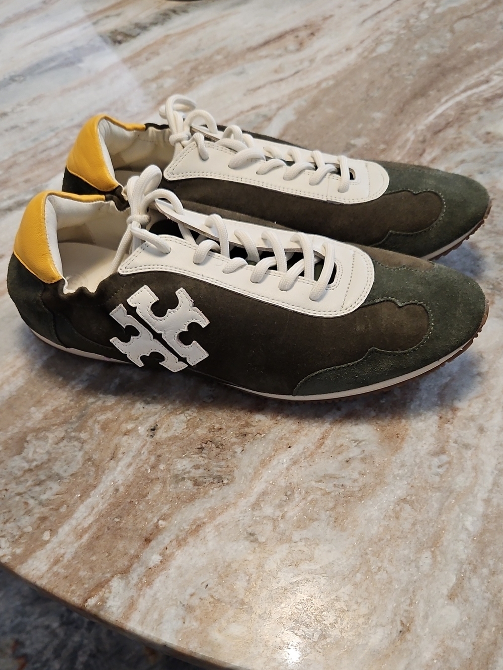 Tory Burch Olive Green Suede Sneakers with White and Yellow Accents